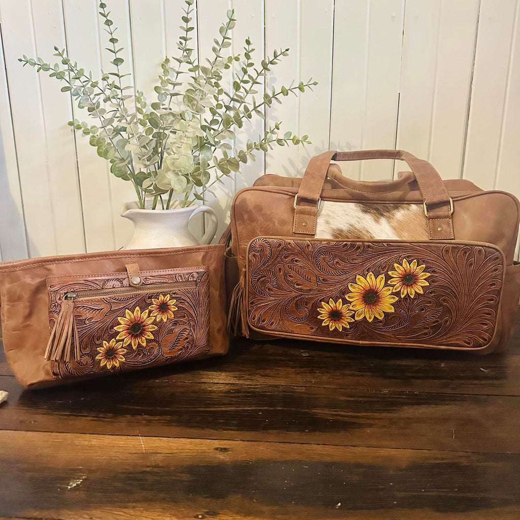 Cowhide Nappy Bag & Pram Caddy Set - Sunflower