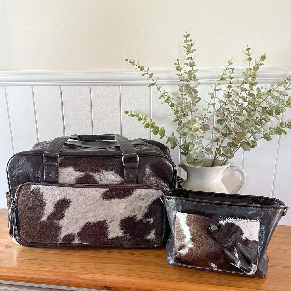 Cowhide Nappy Bag & Pram Caddy Set - Chocolate