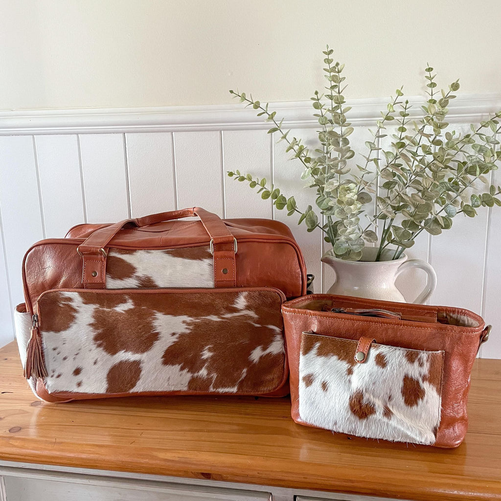 Cowhide Nappy Bag & Pram Caddy Set - Tan