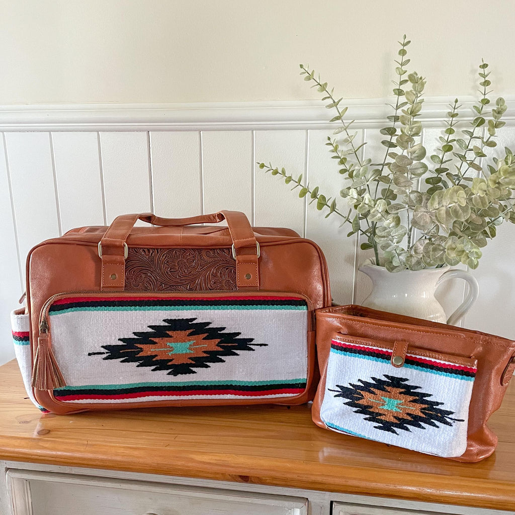 Aztec Nappy Bag & Pram Caddy Set - White on Tan