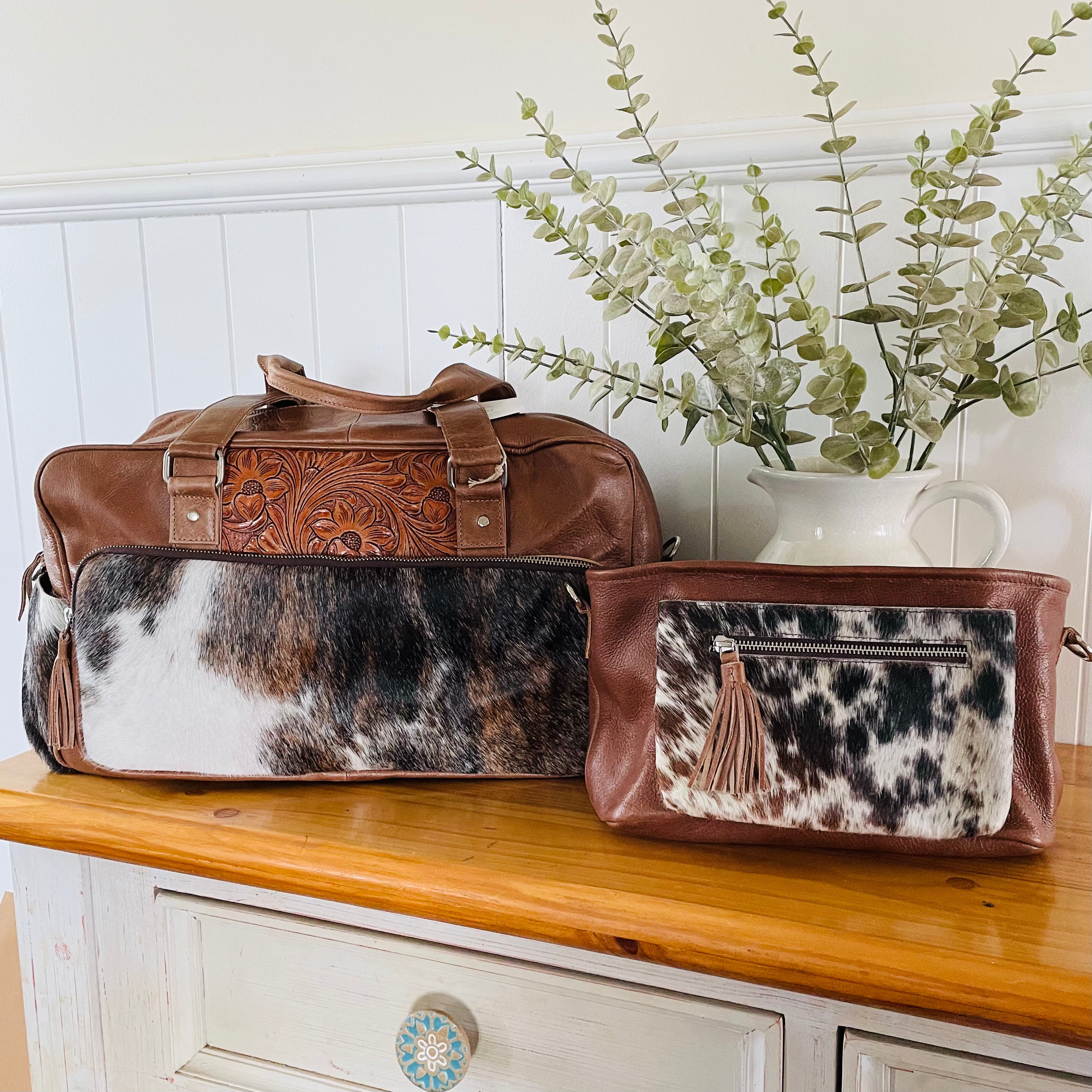 Cowhide Nappy Bag Pram Caddy Set Brown